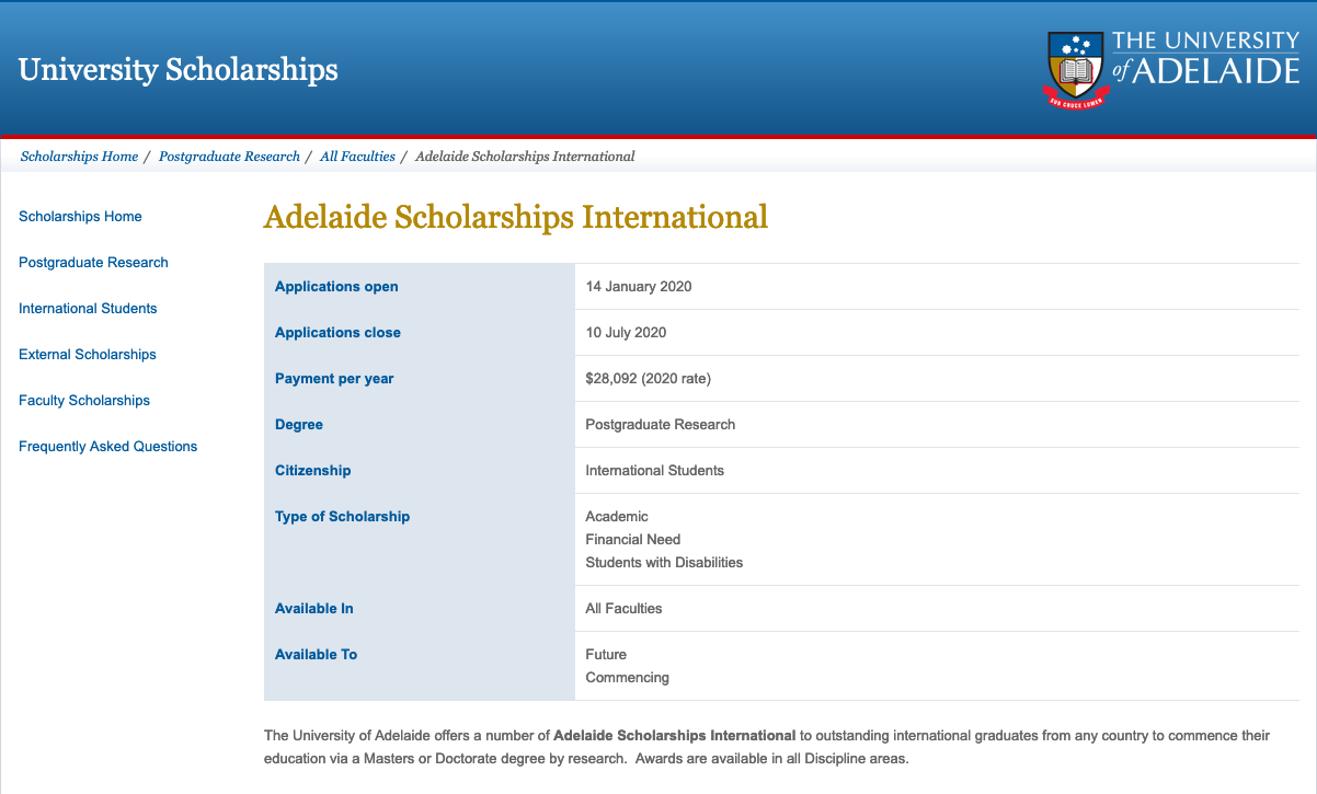 Beasiswa S2/S3 (Master and Doctoral Degree Scholarships) by Research: The University of Adelaide Australia Deadline 10 July 2020